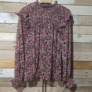 ​Floral Smocked Ruffle Blouse Mock Neck Long Sleeve Chiffon Top Multicolor